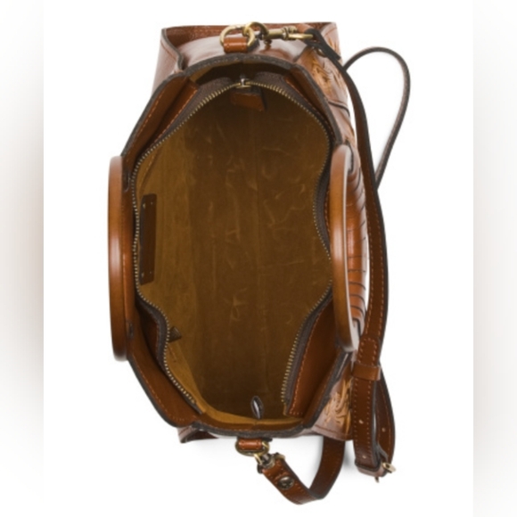 NWT Patricia Nash Lyon Tooled Leather Satchel with crossbody strap, Tan Multi - Picture 6 of 10